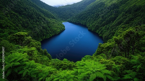 Stunning Blue Volcanic Crater Lake Surrounded by Lush Temperate Rainforest