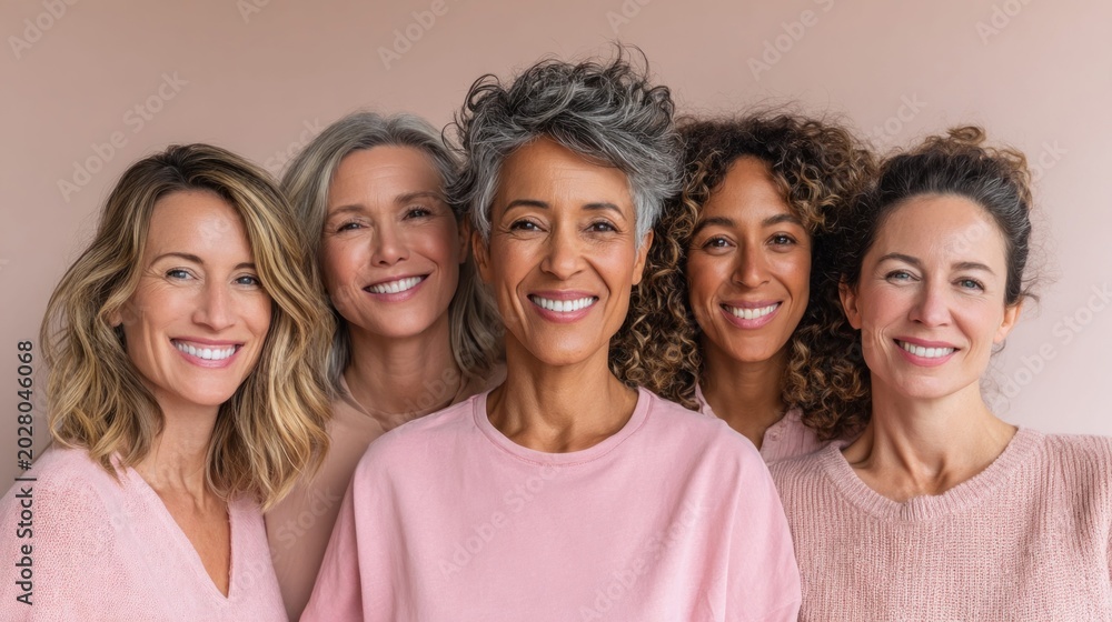 Obraz premium Diverse group of women of different ages and ethnicities smiling together in pink tops