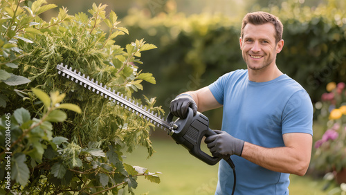Smiling man trimming green bushes with electric hedge trimmer in garden
