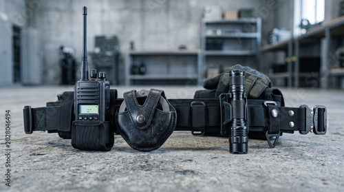 Tactical duty belt with radio, handcuffs, flashlight, and gloves, ready for security operations.