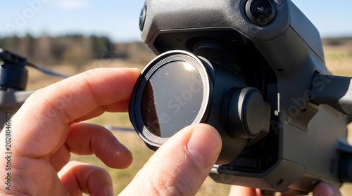 Installing ND filter on drone lens | Professional drone cinematography accessories | Adjusting neutral density filter for aerial photography