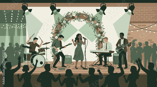 Female Lead Singer With Five Piece Band Performing.