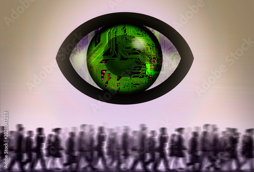 Electronic eye surveilling crowd of people