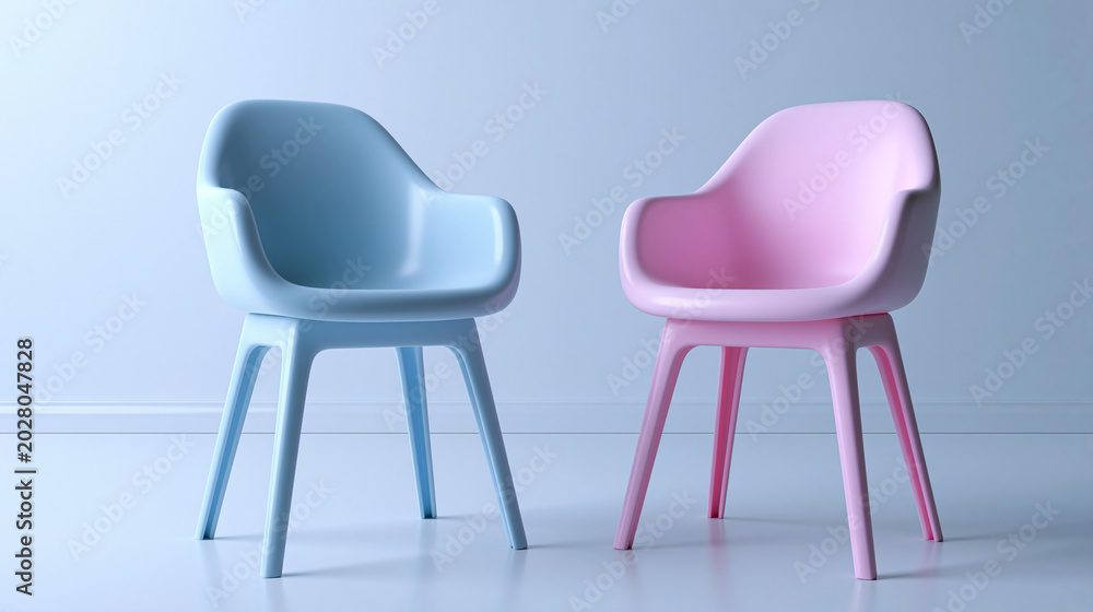 Obraz premium Minimal pastel chairs in blue and pink tones placed in modern clean interior setting.