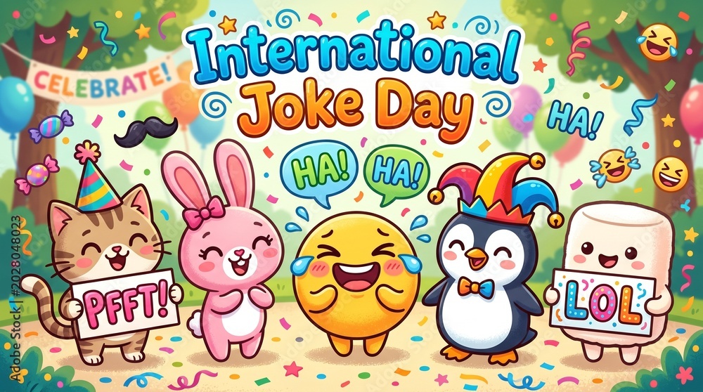 Fototapeta premium International joke day with cute cartoon animals and emoji laughing out loud.