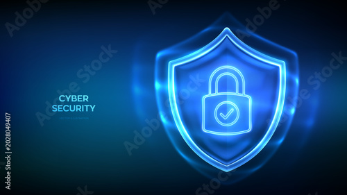 Protection shield with padlock with check mark. Transparent glass security shield. Cyber security, healthcare, insurance, safety symbol. Internet privacy, firewall, antivirus. Vector illustration.