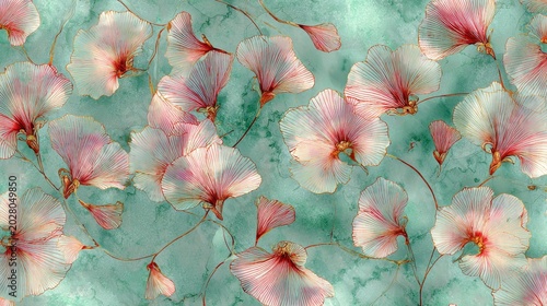 94.Organic seamless floral pattern with airy pink pipee flowers and falling petals, painted in soft watercolor washes on a green waterfowl tone, delicate line traits, slight dimensional depth, warm