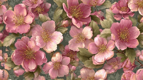 99.Artistic pastel floral seamless pattern featuring numerous pink blossoms, subtle golden highlights, and muted green foliage, soft drawing texture, harmonious repeating composition