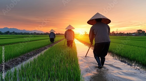 Asian Farmers Working in Rice Paddy Field at Sunrise