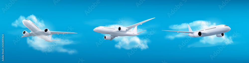 Naklejka premium Commercial Airplane Flying in Blue Sky Vector Set, Set of white commercial passenger airplanes flying through white clouds in a bright blue sky. Realistic vector illustration featuring aircraft