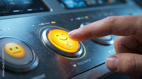 Customer feedback button with happy emoji, hand pressing glowing yellow satisfaction icon, user experience rating on futuristic dashboard interface