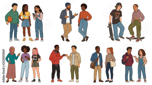 Group of diverse young people standing together in a collection of various casual clothing styles illustration