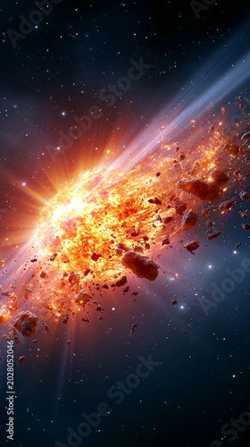 Asteroid impact explosion in space with fiery debris and glowing light, representing cosmic collision and dramatic astronomical event.