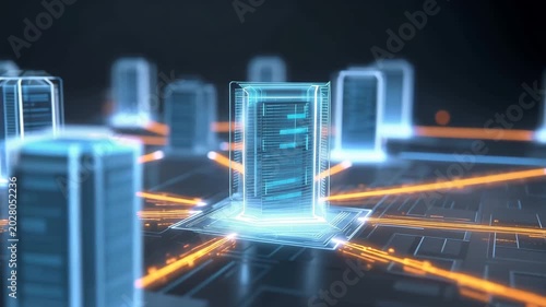 Glowing server racks, data center network technology, abstract digital system connection