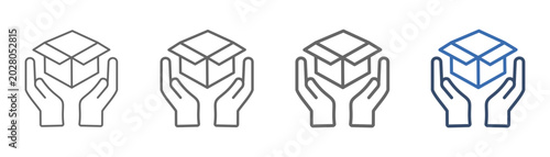 
outline icon set product launch with two hands and box design