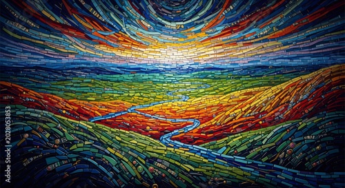 Abstract Landscape Mosaic Art With Vibrant Colors and River Design