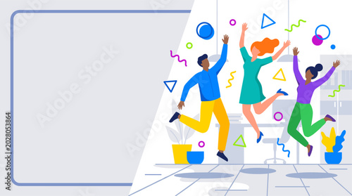A diverse group of three friends joyfully jumping and celebrating together in a bright, modern office space.