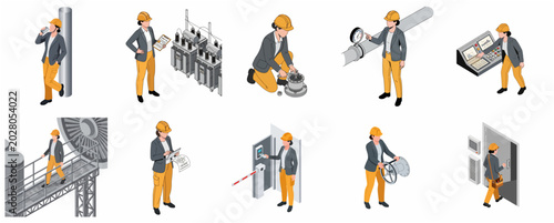 Konstfotografi Isometric Female Industrial Engineer and Technician Working in Factory and Power