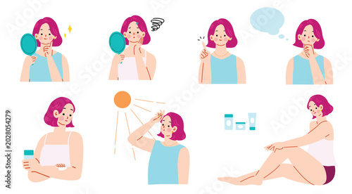 Bild auf Leinwand スキンケアをする女性のイラストセット