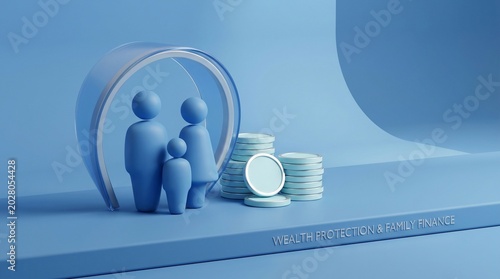 Monochrome Family Figurines Standing Under Protective Shield Beside Coin Stacks in Minimal Blue Studio