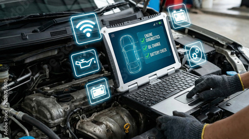 Auto mechanic reviewing vehicle diagnostics on tablet with holographic car scan showing oil change and battery check for automotive service