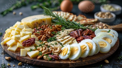 Keto snack platter cheese nuts boiled eggs dark background spotlight lighting premium food styling high detail