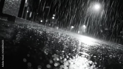 Rain falling hard on a wet road at night with street lights providing the only illumination in black and white