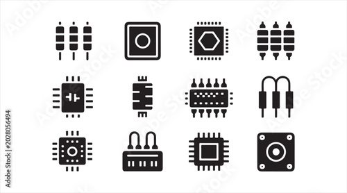 Computer processor and microchip silhouette icons set featuring semiconductor and electronic circuit symbols