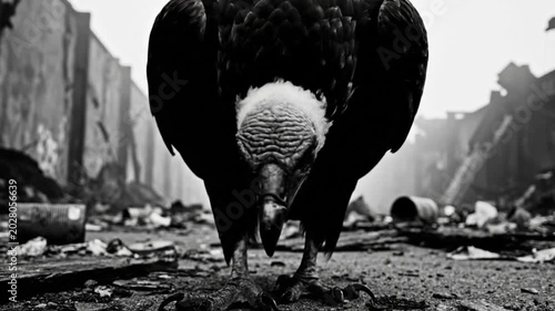 Black and White Close Up of a Vulture Standing on the Ground in a Post Apocalyptic Environment