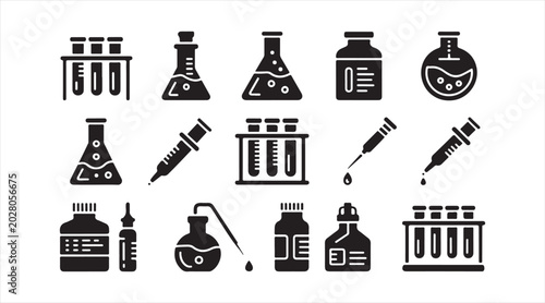 Medical laboratory equipment icon pack with chemical experiment and pharmaceutical graphics isolated on white