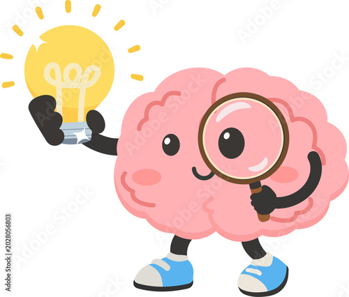 Cartoon Brain Holding Lightbulb And Magnifying Glass