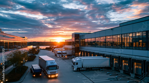 Panoramic sunset view of modern logistics park with warehouses, trucks and loading docks showing supply chain infrastructure