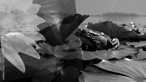 Black and white close up of serene water lily floating on pond with a frog resting on leaf under the sunlight