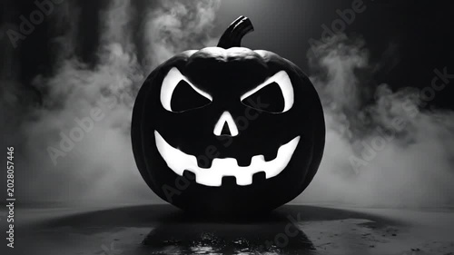 Spooky black pumpkin jack o lantern with evil grin and light surrounded by fog and shadows for halloween