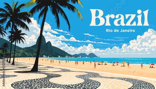 Schilderij op canvas Vibrant travel poster of Rio de Janeiro, Brazil, featuring a sunny beach, palm trees, mountains, and the iconic mosaic sidewalk