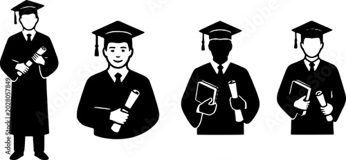 Konstfotografi Four diverse graduates in black and white academic regalia holding diplomas and books standing in a row on white background, symbolizing achievement and education