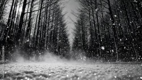 Low angle view of a snow-covered forest path with bare trees, atmospheric winter scene