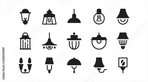 Home lighting and lamp silhouette icons set featuring ceiling fixtures and decorative illumination symbols