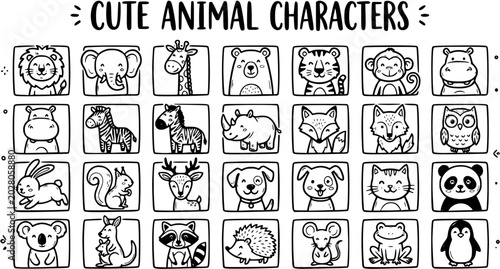 Photography Cute Animal Characters Line Art Set