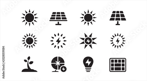 Renewable energy icon pack with solar panels, sunlight, eco power, and sustainability symbols in black