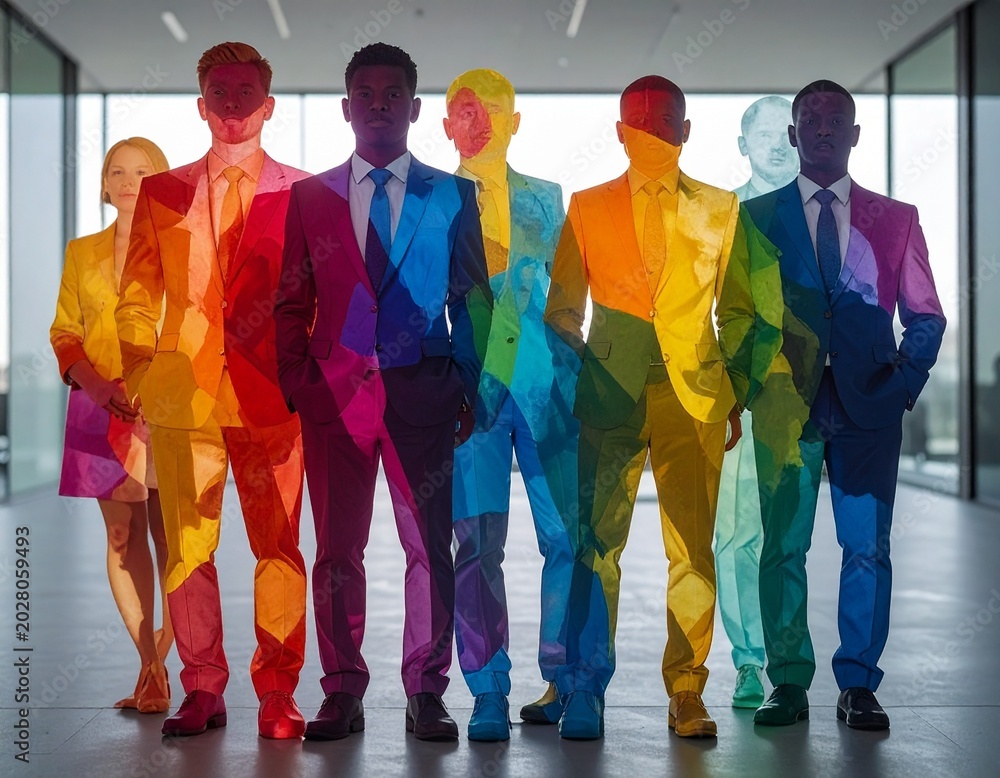 Obraz premium Multi-colored transparent silhouettes of bussiness men and women, multiply mode, a group of staff