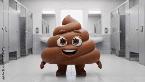 Cute Animated Poop Character with Big Eyes and Smile Standing in a Modern Public Restroom with White Walls and Silver Lockers for Fun and Humorous Content