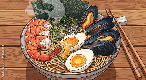Delicious bowl of ramen noodles seafood.