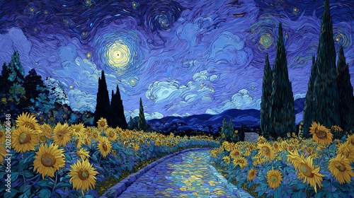 A vibrant and serene landscape of sunflowers under a starry night sky with a winding path