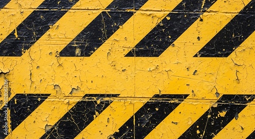 Weathered yellow and black chevron pattern on industrial surface closeup