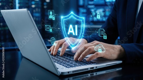 Businessman using laptop with cybersecurity AI technology digital interface
