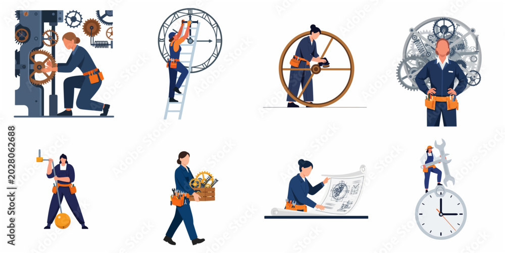 Fototapeta premium Collection of Professional Female Watchmakers and Mechanics Working on Large Clock Mechanisms and Industrial Gear Systems