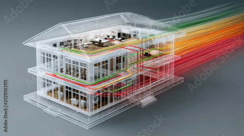 Building information modeling displaying energy flow network