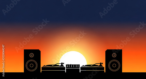 DJ Turntable Setup Silhouette Against Vibrant Sunset Background