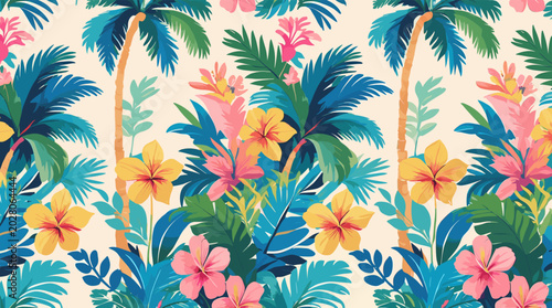 Schilderij op canvas Vibrant tropical pattern featuring palm trees, lush green foliage, and colorful hibiscus flowers in shades of pink, yellow, and orange against a cream background